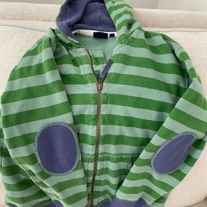 Boys green striped hooded zip up sweatshirt.